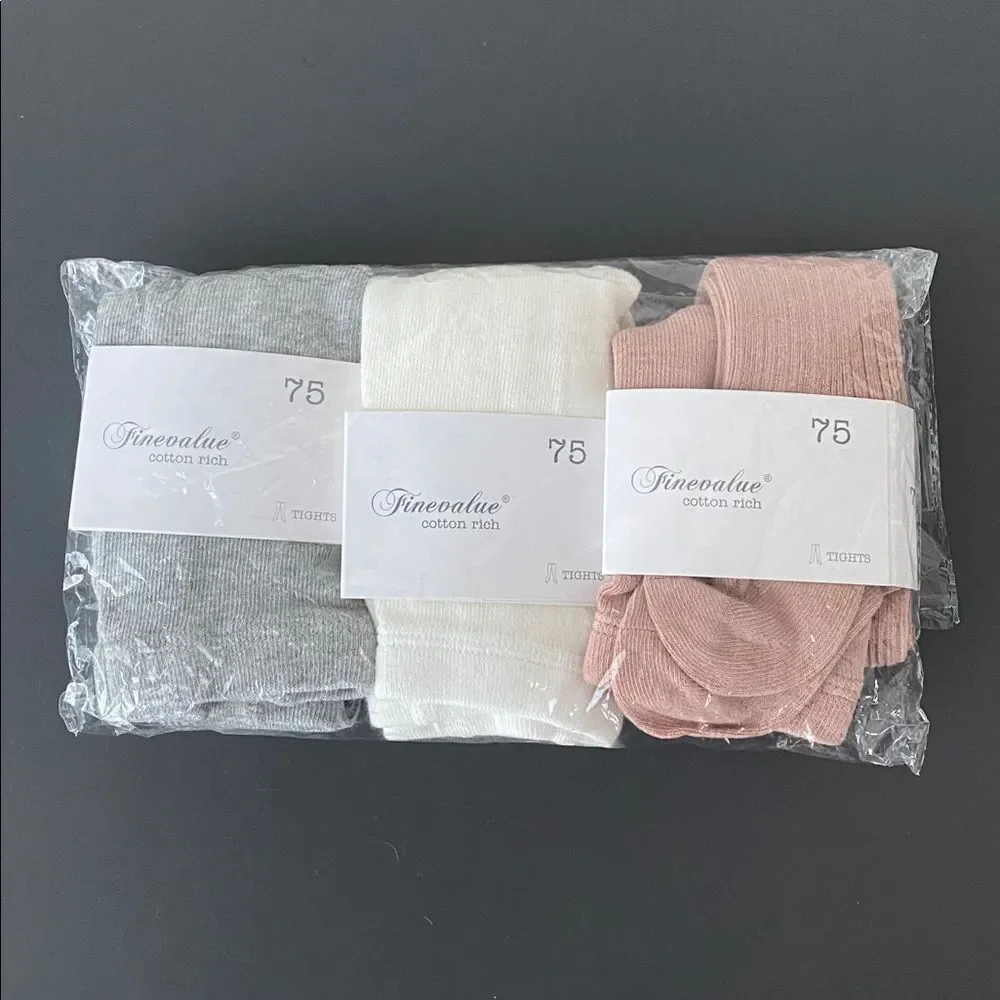 Set of 3 Kid’s Cotton Rich Tights White Gray Pink Cozy Stretch Well Gift NWT